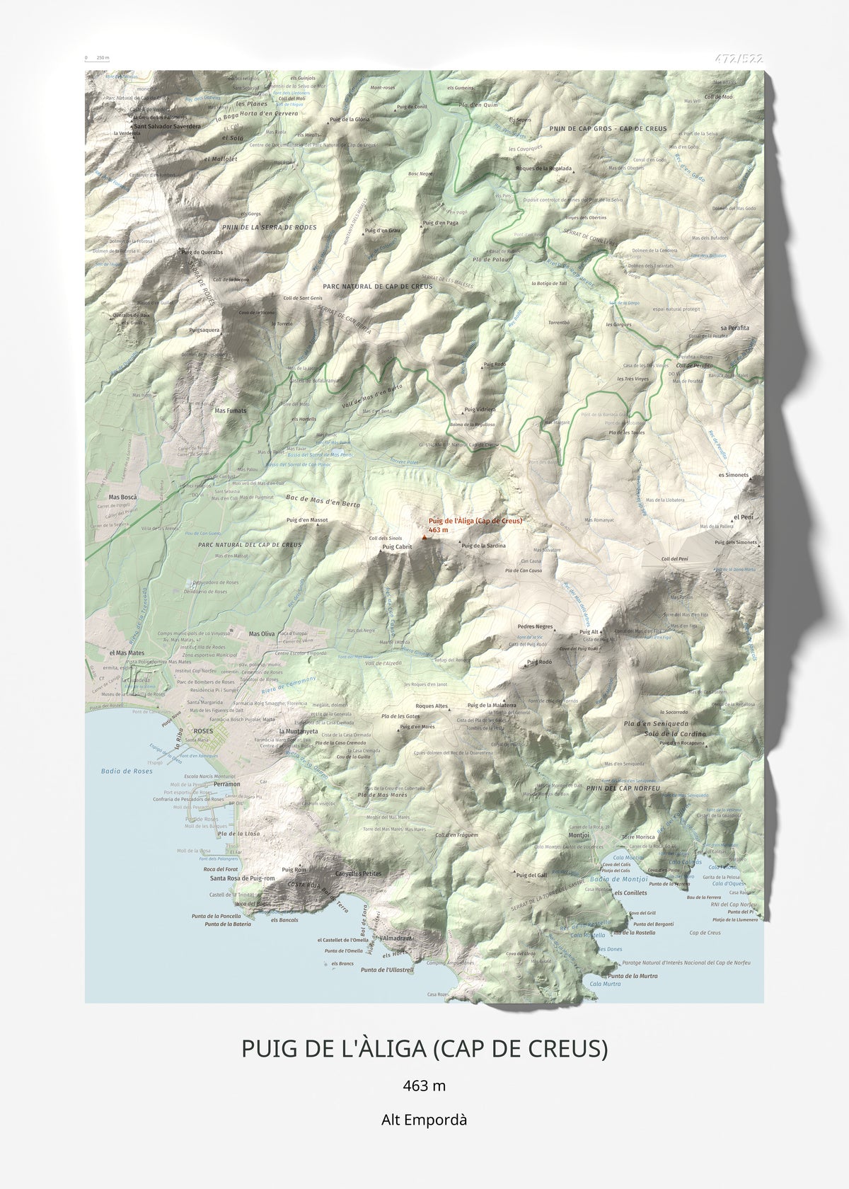 Mapa topogràfic del relleu: Puig de l'Àliga (Cap de Creus), 463 m. Làmina completa. 50 × 70 cm.