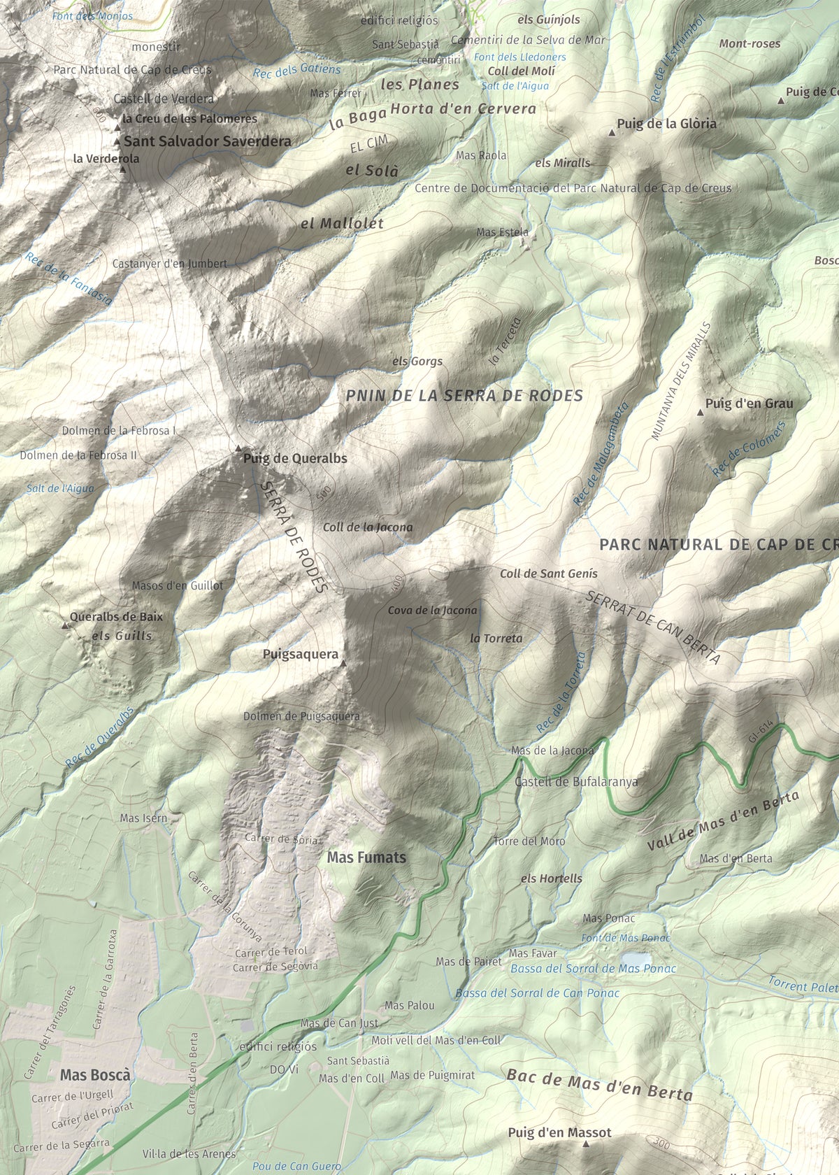 Mapa topogràfic del relleu: Puig de l'Àliga (Cap de Creus), 463 m. Detall de la zona superior esquerra. 50 × 70 cm.
