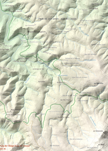 Mapa topogràfic del relleu: Puig de l'Àliga (Cap de Creus), 463 m. Detall de la zona superior dreta. 50 × 70 cm.
