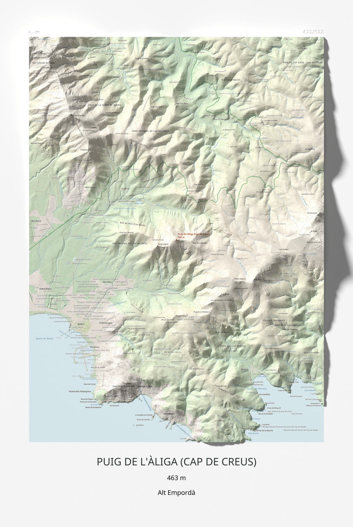 Mapa topogràfic del relleu: Puig de l'Àliga (Cap de Creus), 463 m. Làmina completa. 61 × 91 cm.