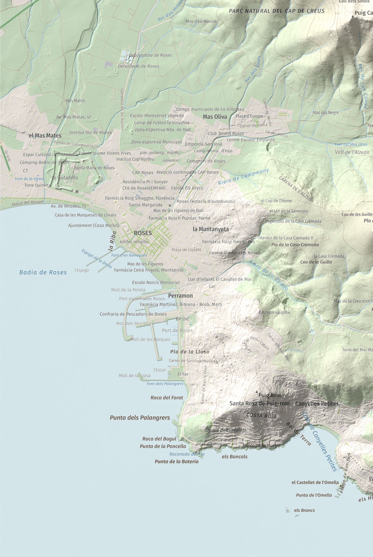 Mapa topogràfic del relleu: Puig de l'Àliga (Cap de Creus), 463 m. Detall de la zona inferior esquerra. 61 × 91 cm.