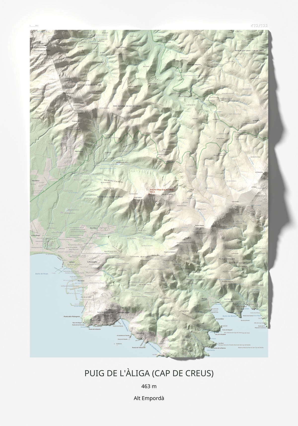 Mapa topogràfic del relleu: Puig de l'Àliga (Cap de Creus), 463 m. Làmina completa. 70 × 100 cm.
