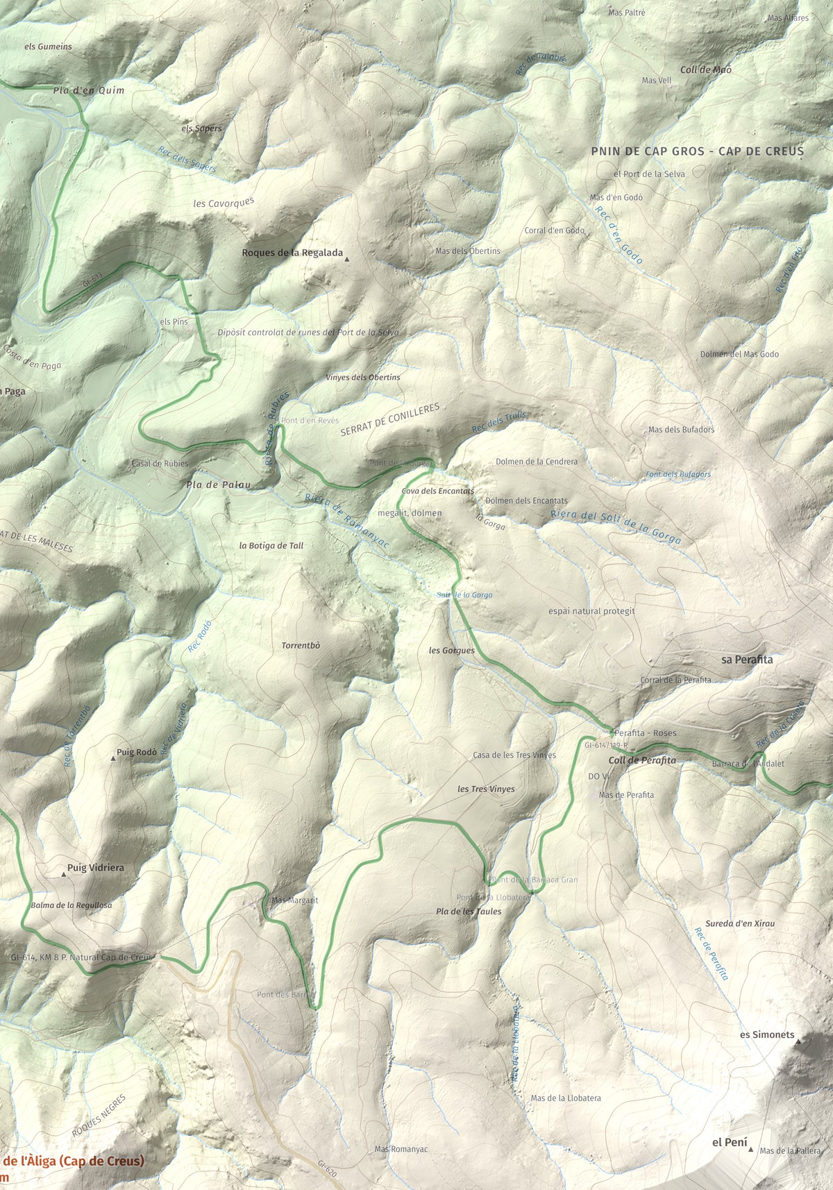 Mapa topogràfic del relleu: Puig de l'Àliga (Cap de Creus), 463 m. Detall de la zona superior dreta. 70 × 100 cm.