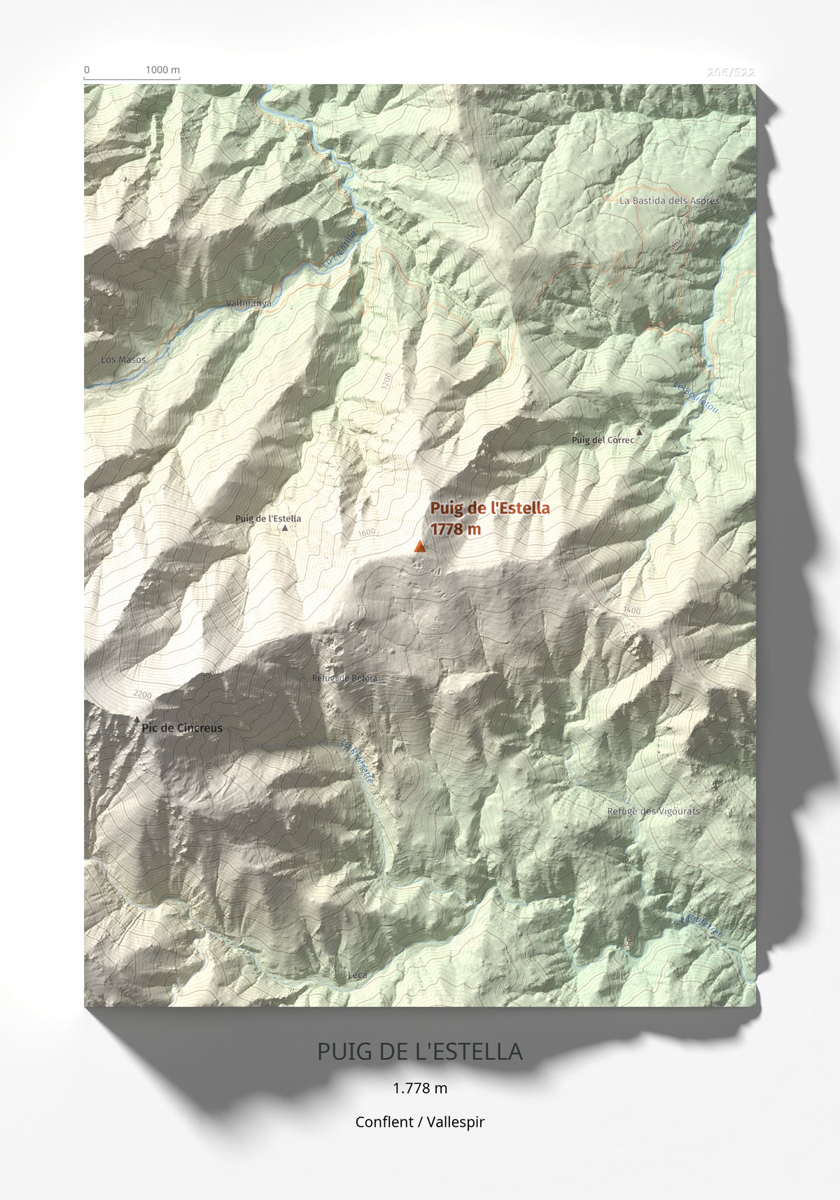 Mapa de relieve de Puig de l'Estella, 1778 m, Conflent · Vallespir, lámina 100 Cims de Trobart 21 × 30 cm.