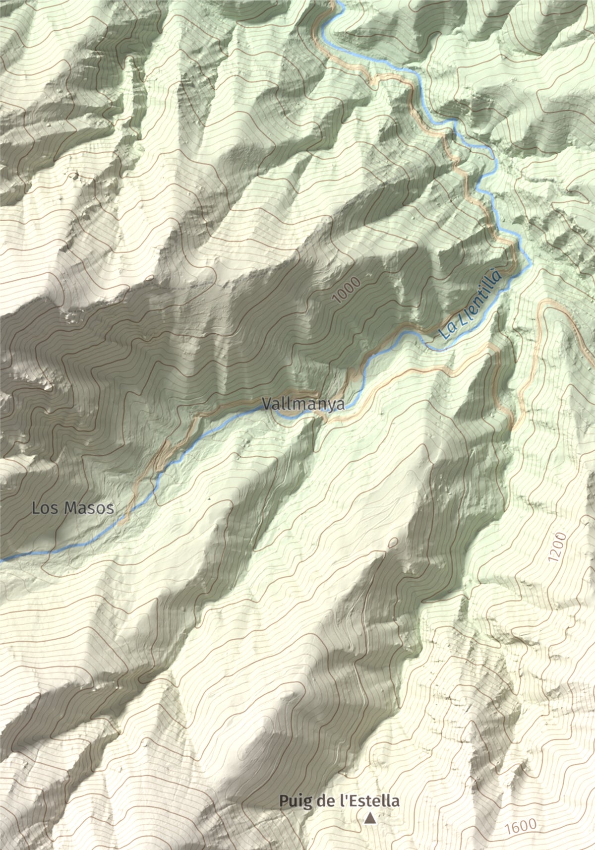 Mapa de relieve de Puig de l'Estella, 1778 m, Conflent · Vallespir, lámina 100 Cims de Trobart. Detalle de la zona superior izquierda. 21 × 30 cm.
