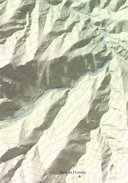 Mapa de relieve de Puig de l'Estella, 1778 m, Conflent · Vallespir, lámina 100 Cims de Trobart. Detalle de la zona superior izquierda. 21 × 30 cm.