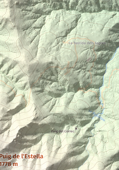 Mapa de relieve de Puig de l'Estella, 1778 m, Conflent · Vallespir, lámina 100 Cims de Trobart. Detalle de la zona superior derecha. 21 × 30 cm.