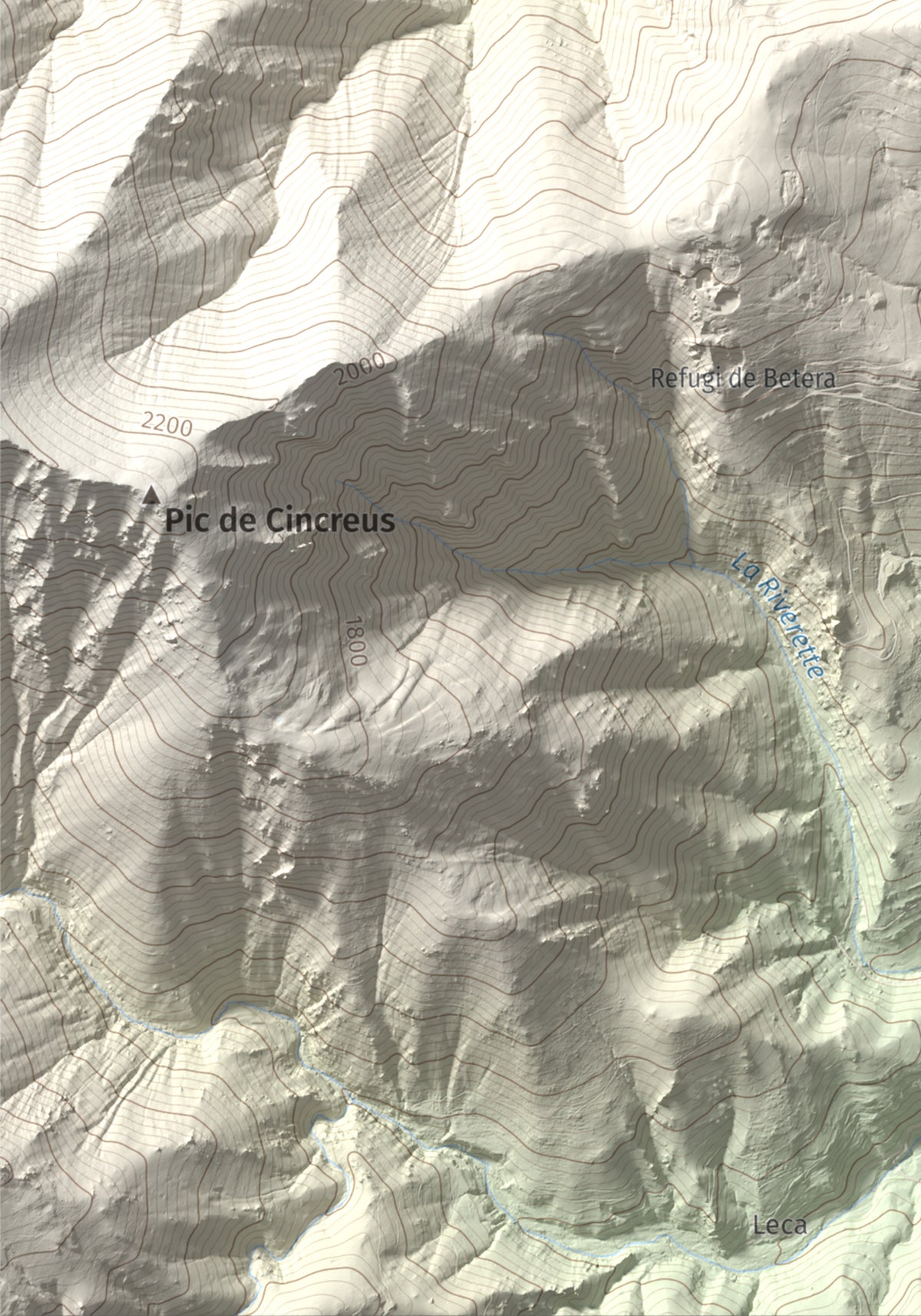 Mapa de relieve de Puig de l'Estella, 1778 m, Conflent · Vallespir, lámina 100 Cims de Trobart. Detalle de la zona inferior izquierda. 21 × 30 cm.