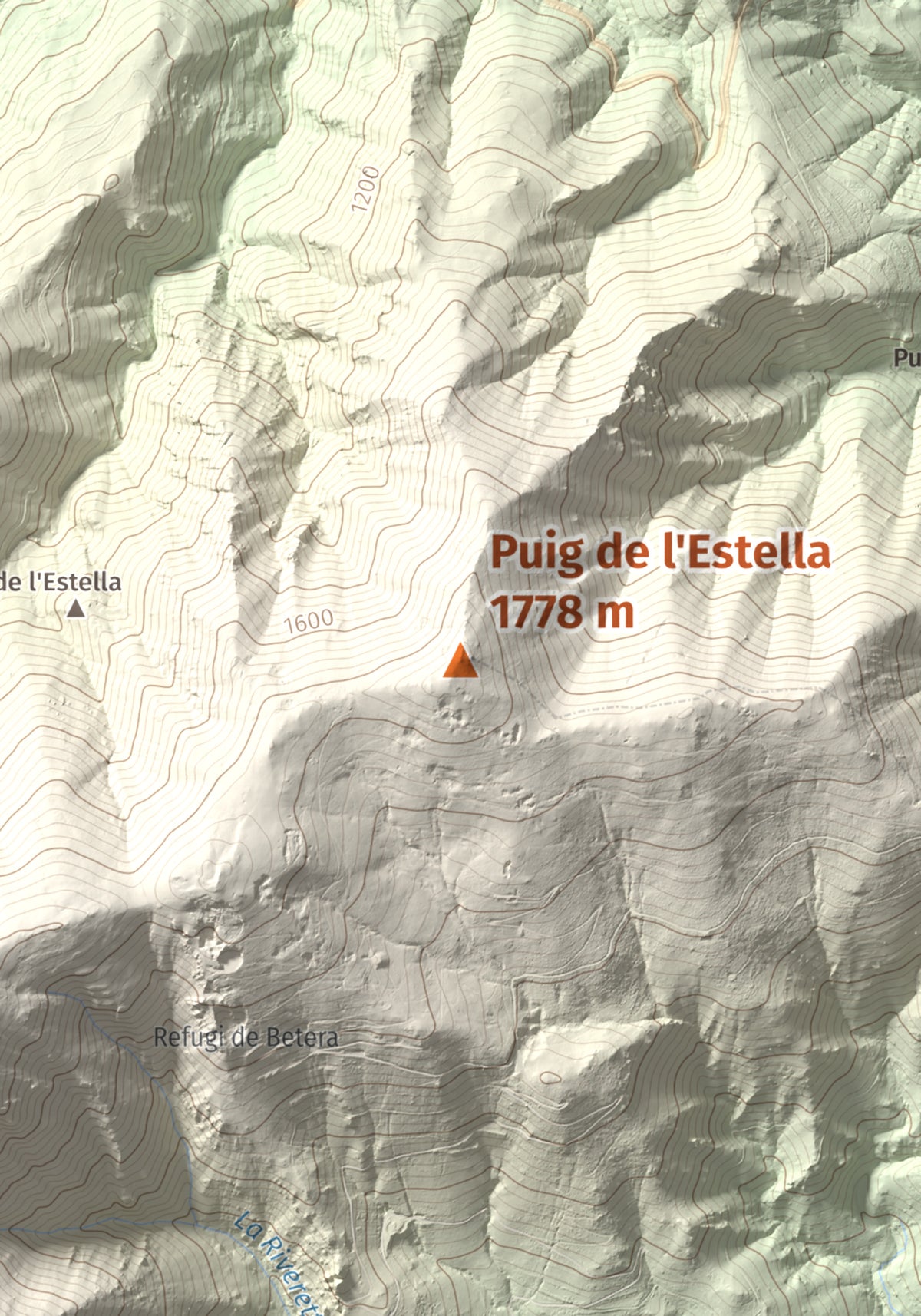 Mapa de relieve de Puig de l'Estella, 1778 m, Conflent · Vallespir, lámina 100 Cims de Trobart. Detalle de la zona central. 21 × 30 cm.