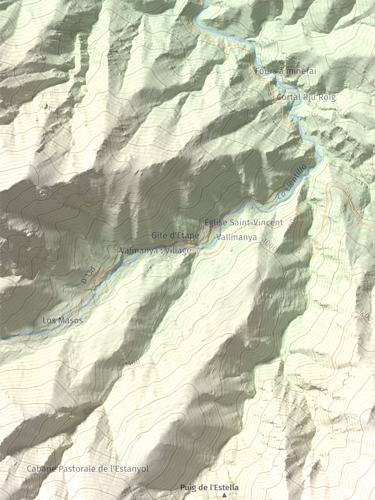 Mapa de relieve de Puig de l'Estella, 1778 m, Conflent · Vallespir, lámina 100 Cims de Trobart. Detalle de la zona superior izquierda. 30 × 40 cm.