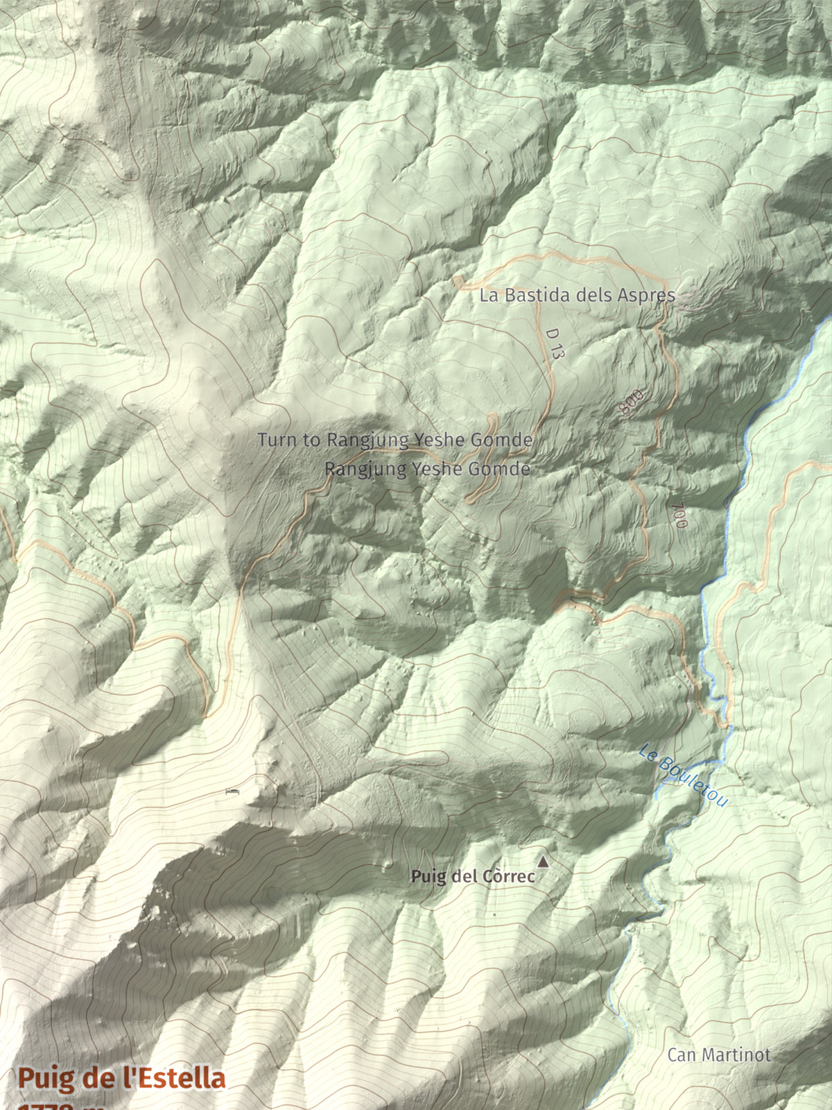 Mapa de relieve de Puig de l'Estella, 1778 m, Conflent · Vallespir, lámina 100 Cims de Trobart. Detalle de la zona superior derecha. 30 × 40 cm.