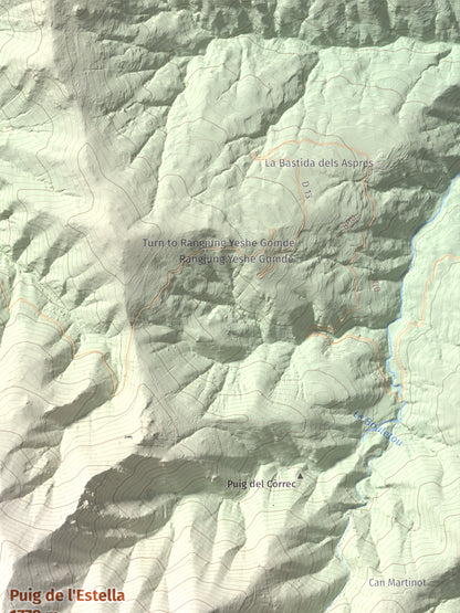 Mapa de relieve de Puig de l'Estella, 1778 m, Conflent · Vallespir, lámina 100 Cims de Trobart. Detalle de la zona superior derecha. 30 × 40 cm.