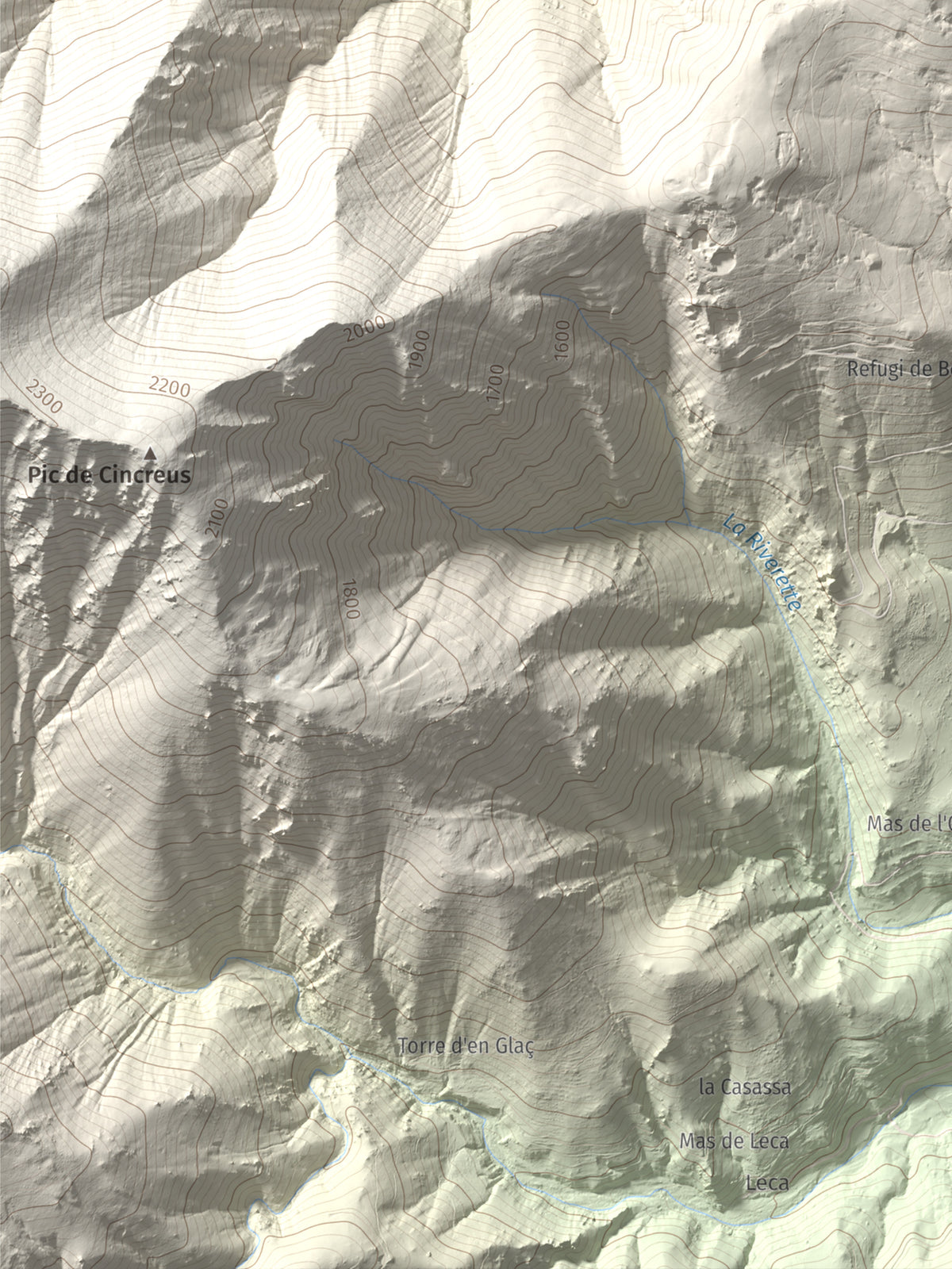 Mapa de relieve de Puig de l'Estella, 1778 m, Conflent · Vallespir, lámina 100 Cims de Trobart. Detalle de la zona inferior izquierda. 30 × 40 cm.