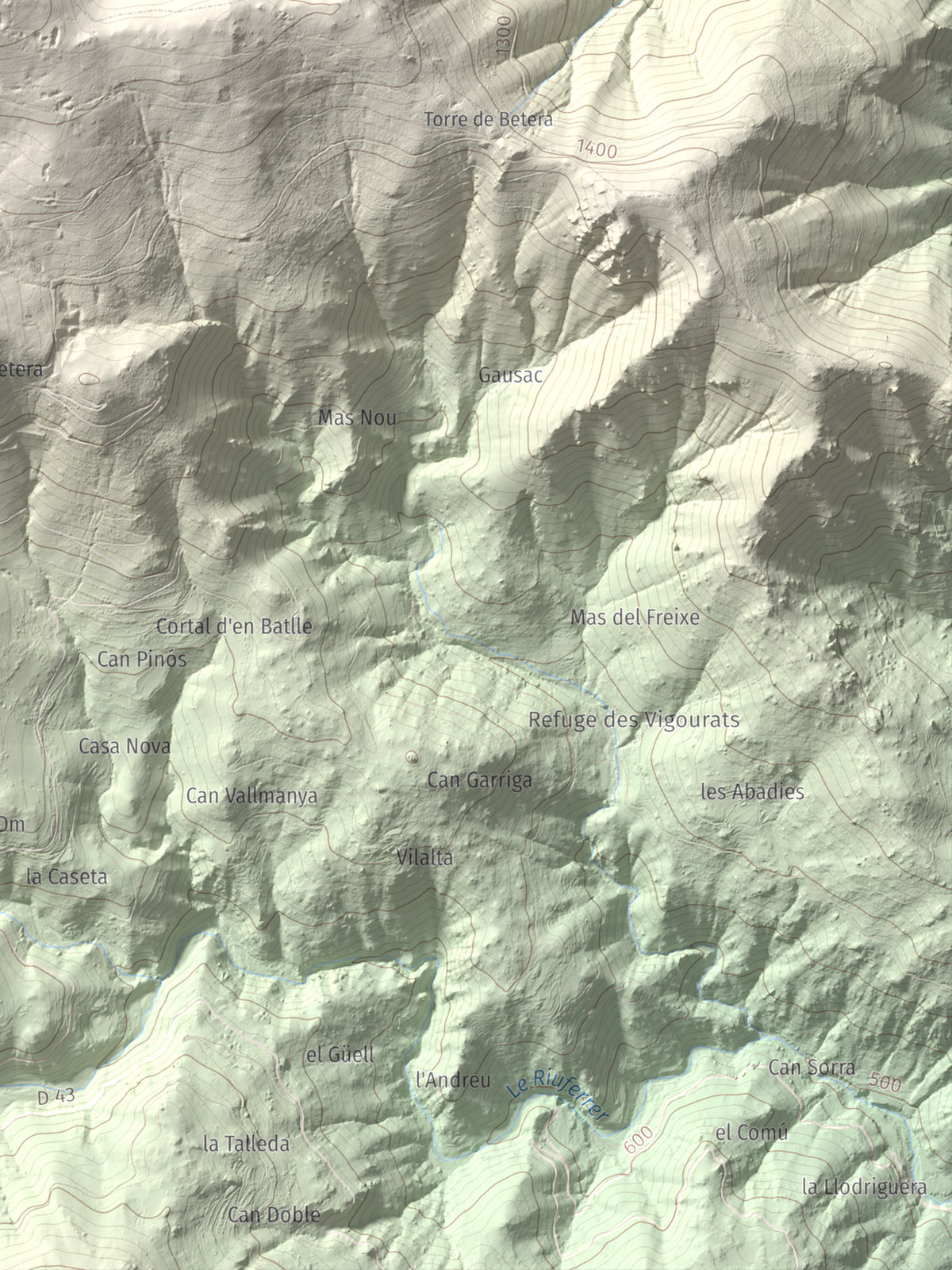 Mapa de relieve de Puig de l'Estella, 1778 m, Conflent · Vallespir, lámina 100 Cims de Trobart. Detalle de la zona inferior derecha. 30 × 40 cm.