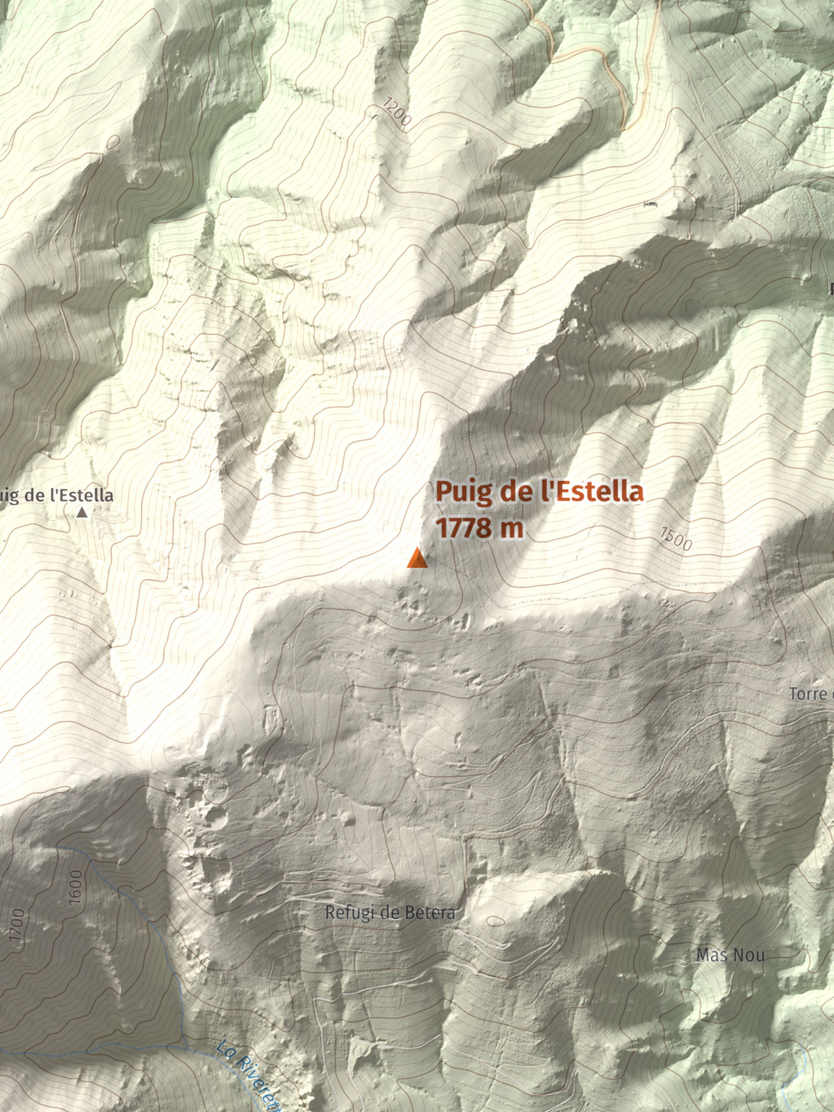 Mapa de relieve de Puig de l'Estella, 1778 m, Conflent · Vallespir, lámina 100 Cims de Trobart. Detalle de la zona central. 30 × 40 cm.