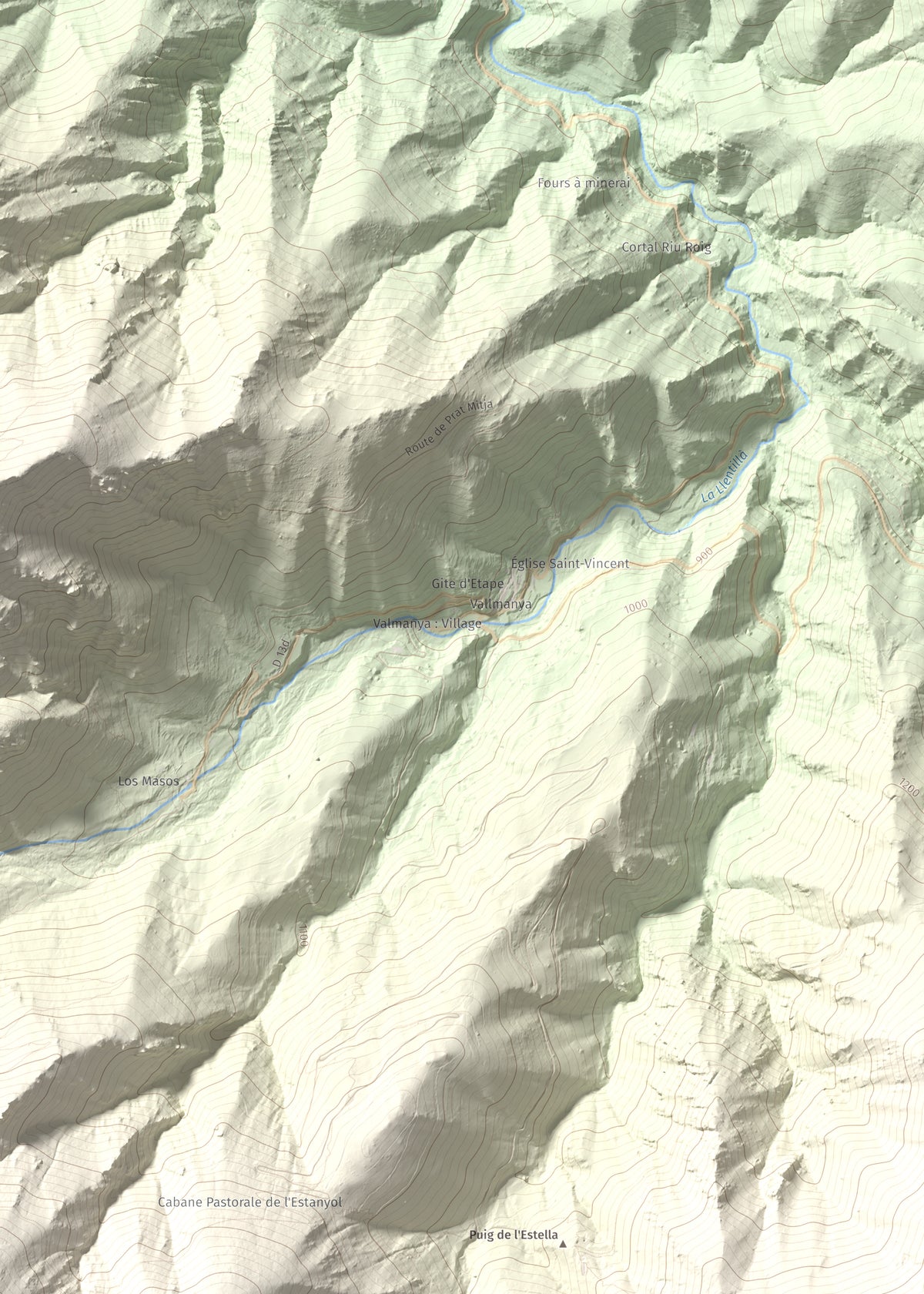 Mapa de relieve de Puig de l'Estella, 1778 m, Conflent · Vallespir, lámina 100 Cims de Trobart. Detalle de la zona superior izquierda. 50 × 70 cm.