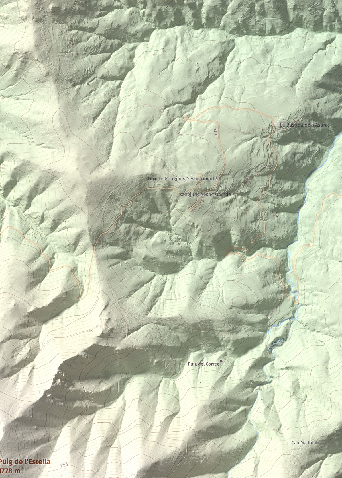 Mapa de relieve de Puig de l'Estella, 1778 m, Conflent · Vallespir, lámina 100 Cims de Trobart. Detalle de la zona superior derecha. 50 × 70 cm.