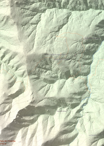 Mapa de relieve de Puig de l'Estella, 1778 m, Conflent · Vallespir, lámina 100 Cims de Trobart. Detalle de la zona superior derecha. 50 × 70 cm.