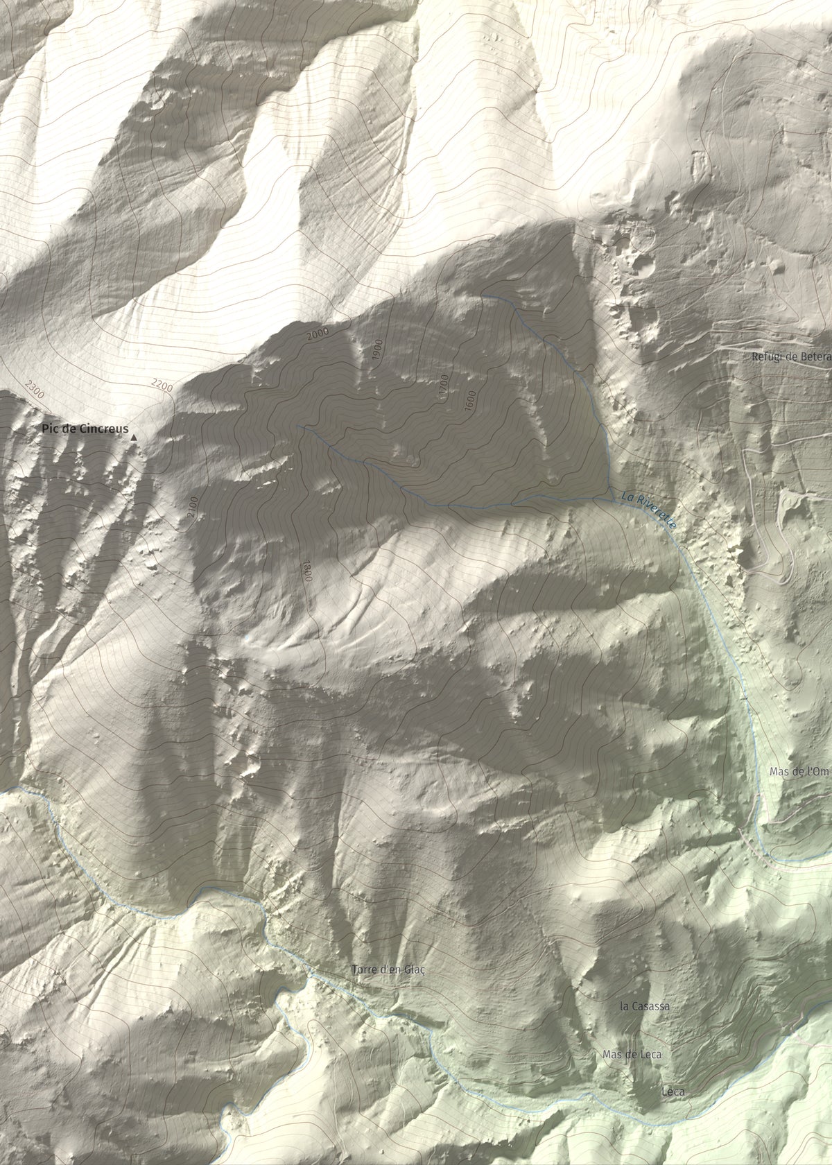 Mapa de relieve de Puig de l'Estella, 1778 m, Conflent · Vallespir, lámina 100 Cims de Trobart. Detalle de la zona inferior izquierda. 50 × 70 cm.