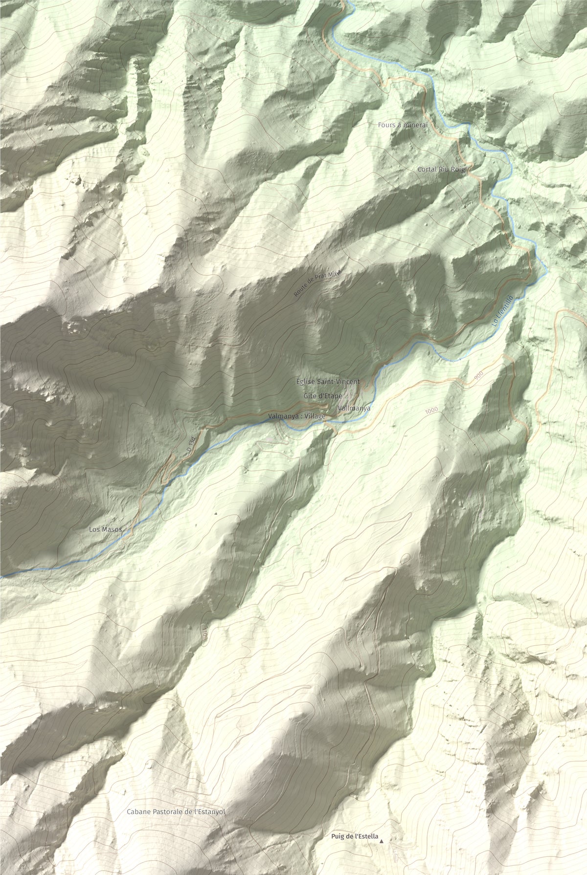Mapa de relieve de Puig de l'Estella, 1778 m, Conflent · Vallespir, lámina 100 Cims de Trobart. Detalle de la zona superior izquierda. 61 × 91 cm.