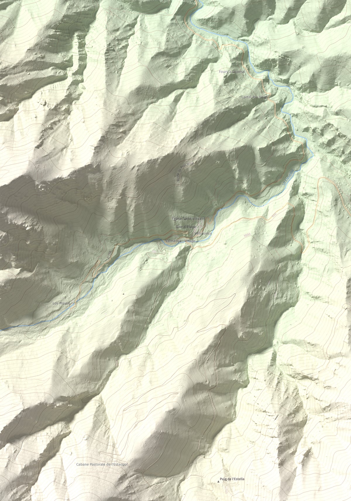 Mapa de relieve de Puig de l'Estella, 1778 m, Conflent · Vallespir, lámina 100 Cims de Trobart. Detalle de la zona superior izquierda. 70 × 100 cm.