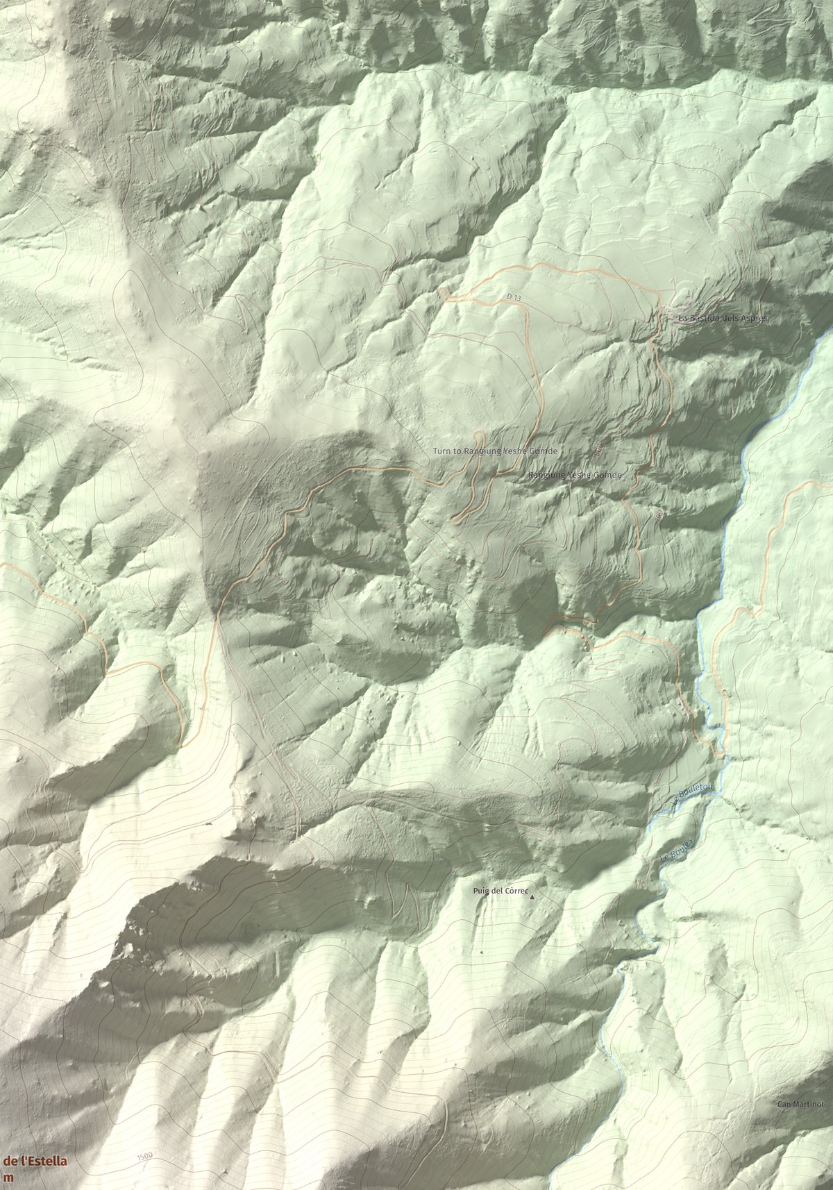 Mapa de relieve de Puig de l'Estella, 1778 m, Conflent · Vallespir, lámina 100 Cims de Trobart. Detalle de la zona superior derecha. 70 × 100 cm.