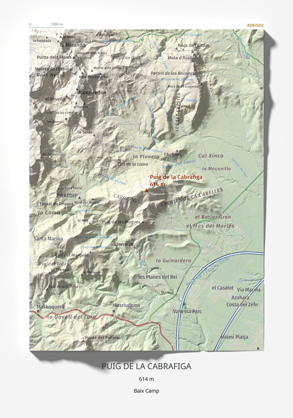 Mapa de relieve de Puig de la Cabrafiga, 614 m, Baix Camp, lámina 100 Cims de Trobart 21 × 30 cm.