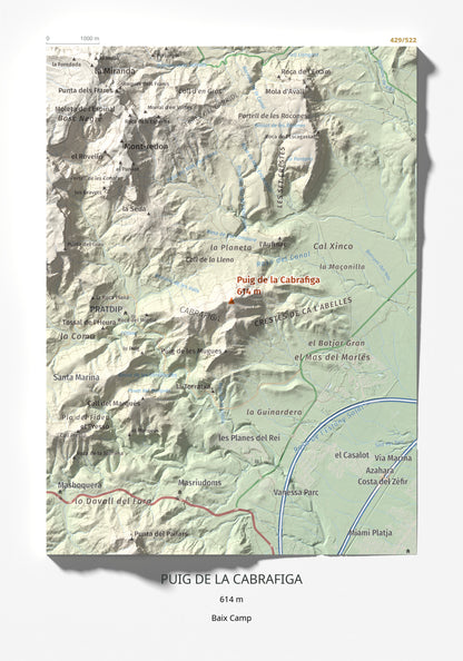 Mapa de relieve de Puig de la Cabrafiga, 614 m, Baix Camp, lámina 100 Cims de Trobart 21 × 30 cm.