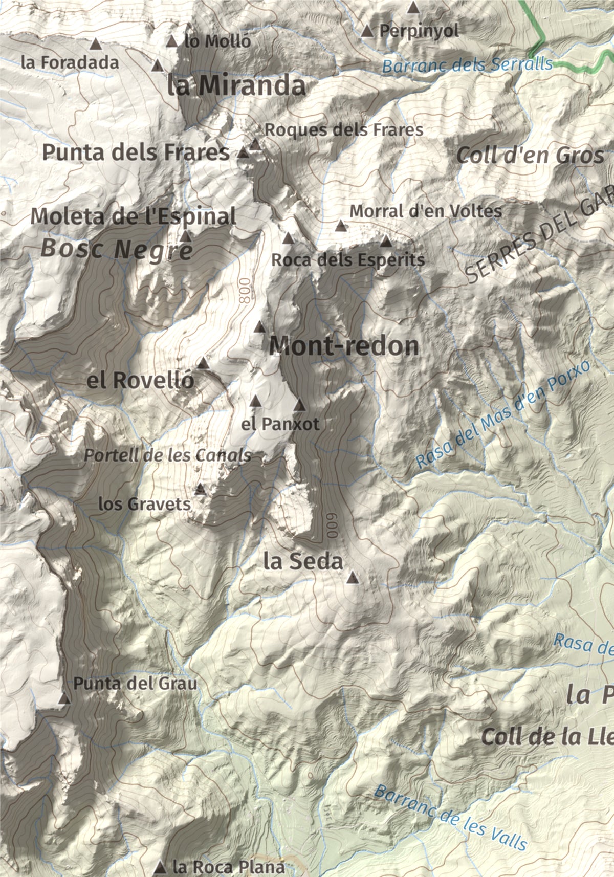 Mapa de relieve de Puig de la Cabrafiga, 614 m, Baix Camp, lámina 100 Cims de Trobart. Detalle de la zona superior izquierda. 21 × 30 cm.
