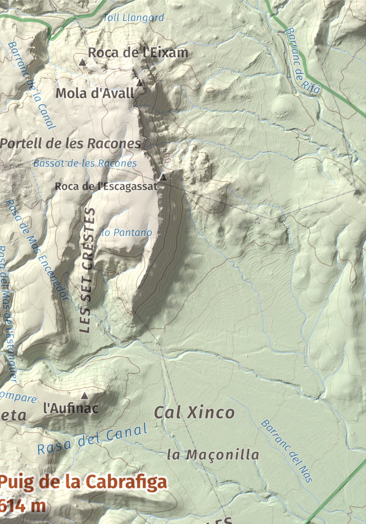 Mapa de relieve de Puig de la Cabrafiga, 614 m, Baix Camp, lámina 100 Cims de Trobart. Detalle de la zona superior derecha. 21 × 30 cm.