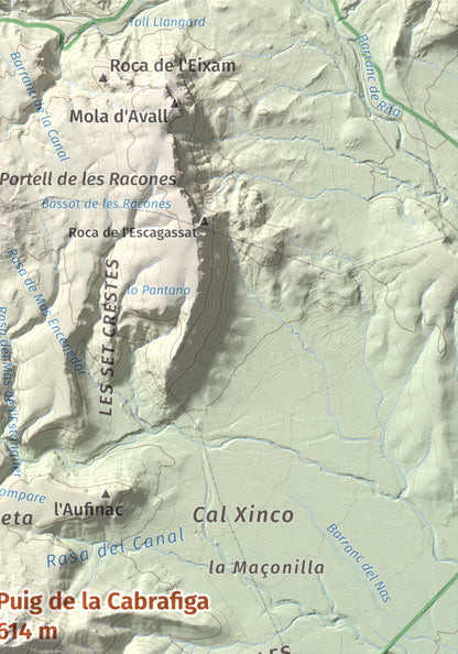 Mapa de relieve de Puig de la Cabrafiga, 614 m, Baix Camp, lámina 100 Cims de Trobart. Detalle de la zona superior derecha. 21 × 30 cm.