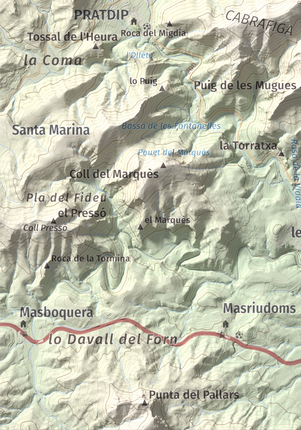Mapa de relieve de Puig de la Cabrafiga, 614 m, Baix Camp, lámina 100 Cims de Trobart. Detalle de la zona inferior izquierda. 21 × 30 cm.