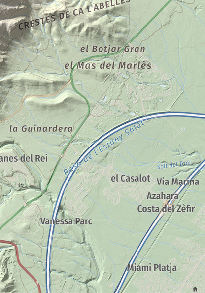 Mapa de relieve de Puig de la Cabrafiga, 614 m, Baix Camp, lámina 100 Cims de Trobart. Detalle de la zona inferior derecha. 21 × 30 cm.