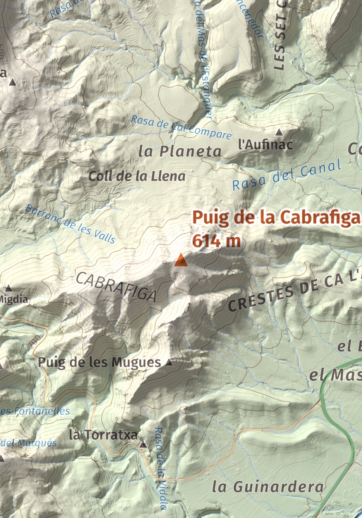 Mapa de relieve de Puig de la Cabrafiga, 614 m, Baix Camp, lámina 100 Cims de Trobart. Detalle de la zona central. 21 × 30 cm.