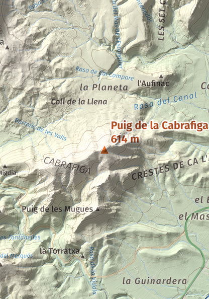 Mapa de relieve de Puig de la Cabrafiga, 614 m, Baix Camp, lámina 100 Cims de Trobart. Detalle de la zona central. 21 × 30 cm.