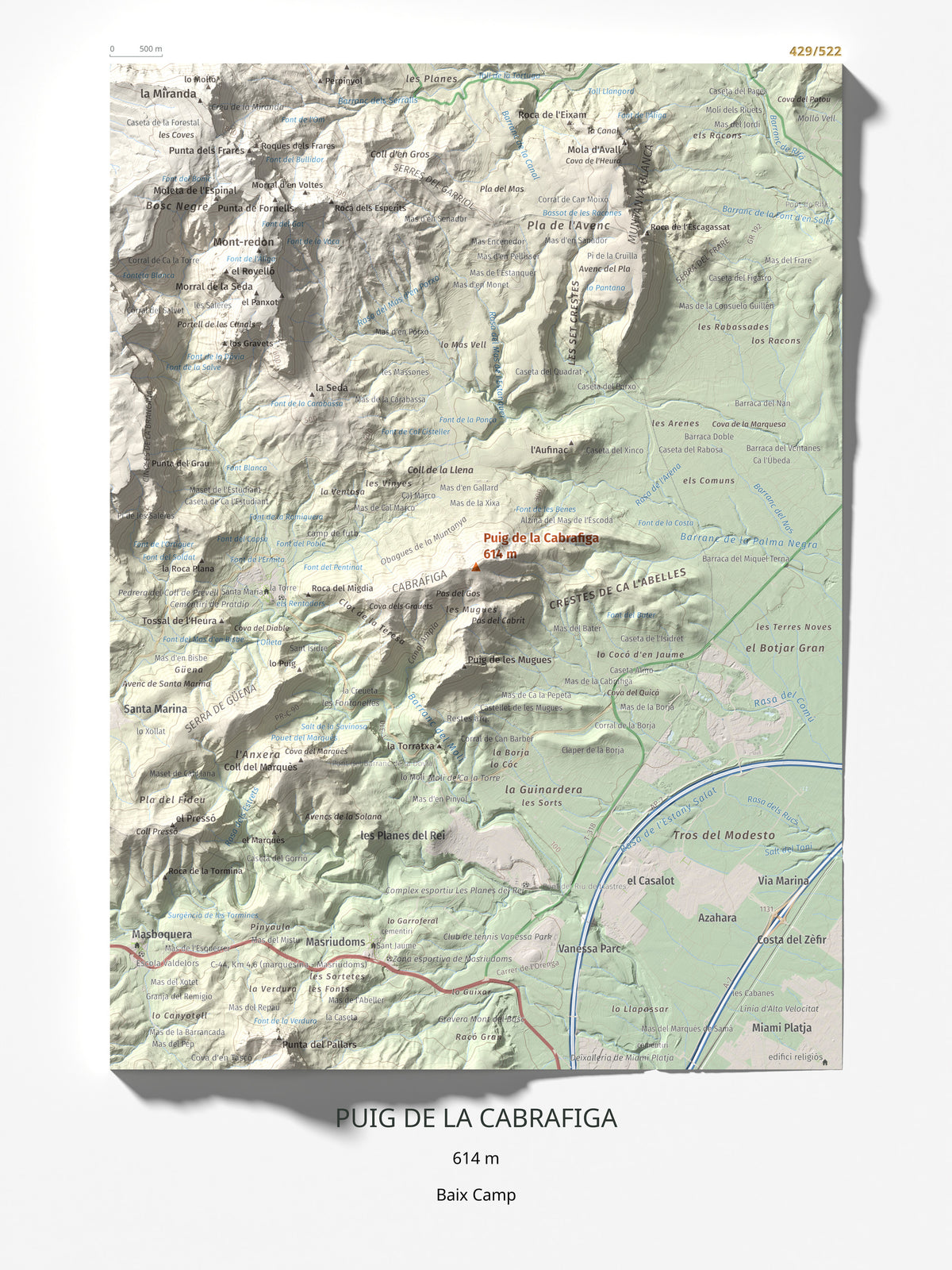 Mapa de relieve de Puig de la Cabrafiga, 614 m, Baix Camp, lámina 100 Cims de Trobart 30 × 40 cm.