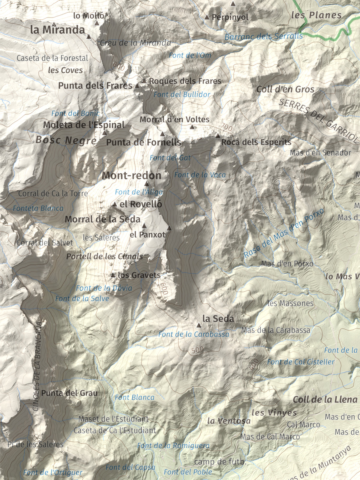 Mapa de relieve de Puig de la Cabrafiga, 614 m, Baix Camp, lámina 100 Cims de Trobart. Detalle de la zona superior izquierda. 30 × 40 cm.