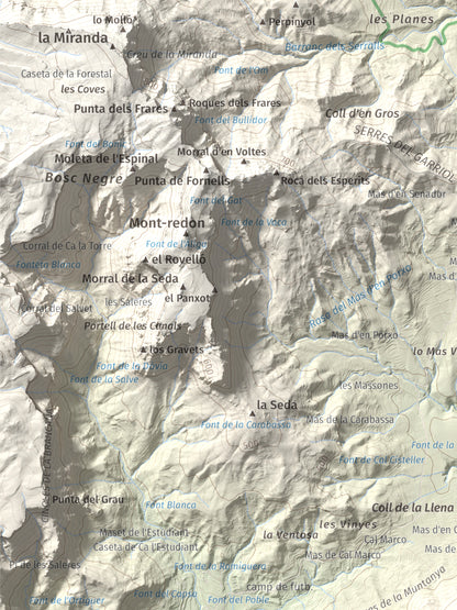 Mapa de relieve de Puig de la Cabrafiga, 614 m, Baix Camp, lámina 100 Cims de Trobart. Detalle de la zona superior izquierda. 30 × 40 cm.