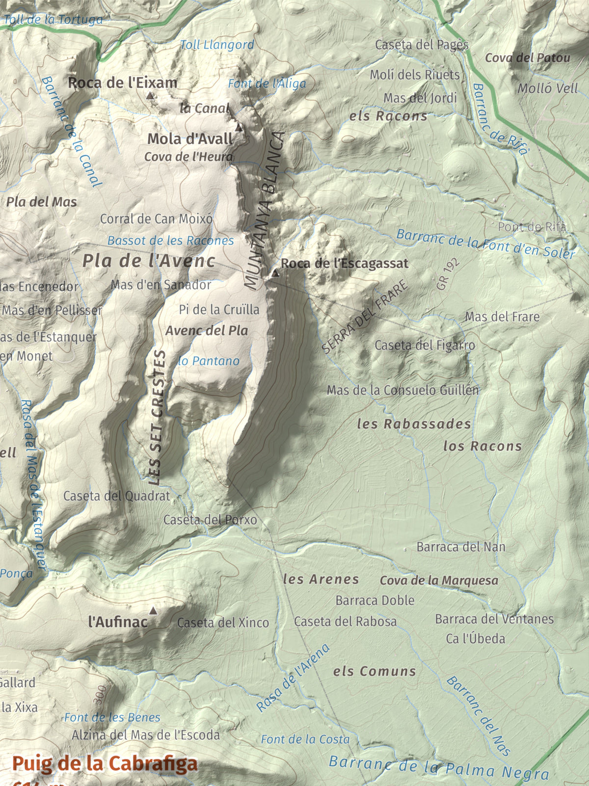 Mapa de relieve de Puig de la Cabrafiga, 614 m, Baix Camp, lámina 100 Cims de Trobart. Detalle de la zona superior derecha. 30 × 40 cm.