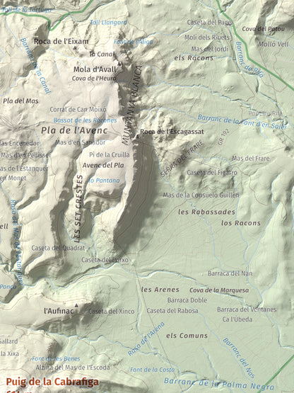 Mapa de relieve de Puig de la Cabrafiga, 614 m, Baix Camp, lámina 100 Cims de Trobart. Detalle de la zona superior derecha. 30 × 40 cm.