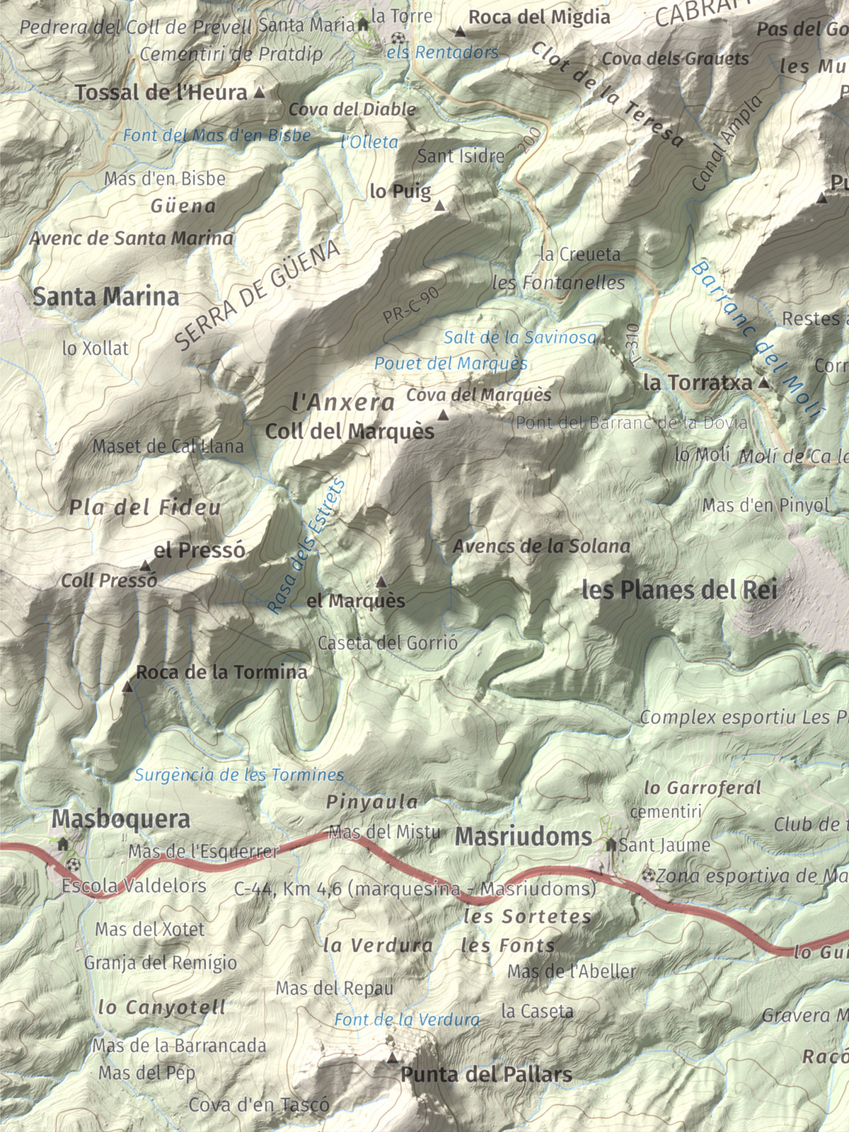 Mapa de relieve de Puig de la Cabrafiga, 614 m, Baix Camp, lámina 100 Cims de Trobart. Detalle de la zona inferior izquierda. 30 × 40 cm.