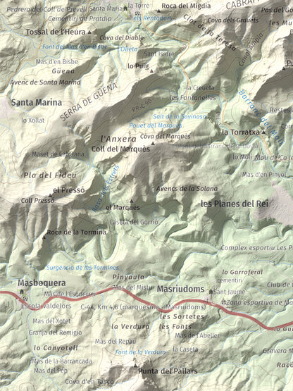 Mapa de relieve de Puig de la Cabrafiga, 614 m, Baix Camp, lámina 100 Cims de Trobart. Detalle de la zona inferior izquierda. 30 × 40 cm.