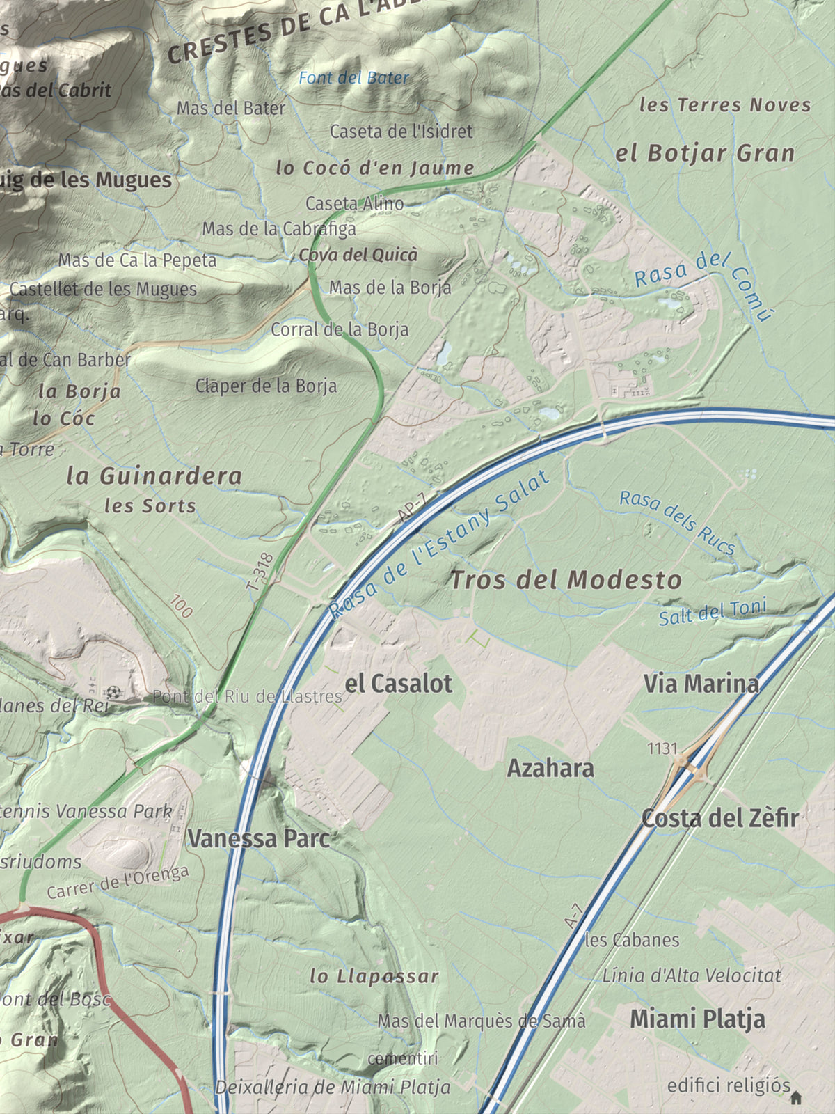 Mapa de relieve de Puig de la Cabrafiga, 614 m, Baix Camp, lámina 100 Cims de Trobart. Detalle de la zona inferior derecha. 30 × 40 cm.