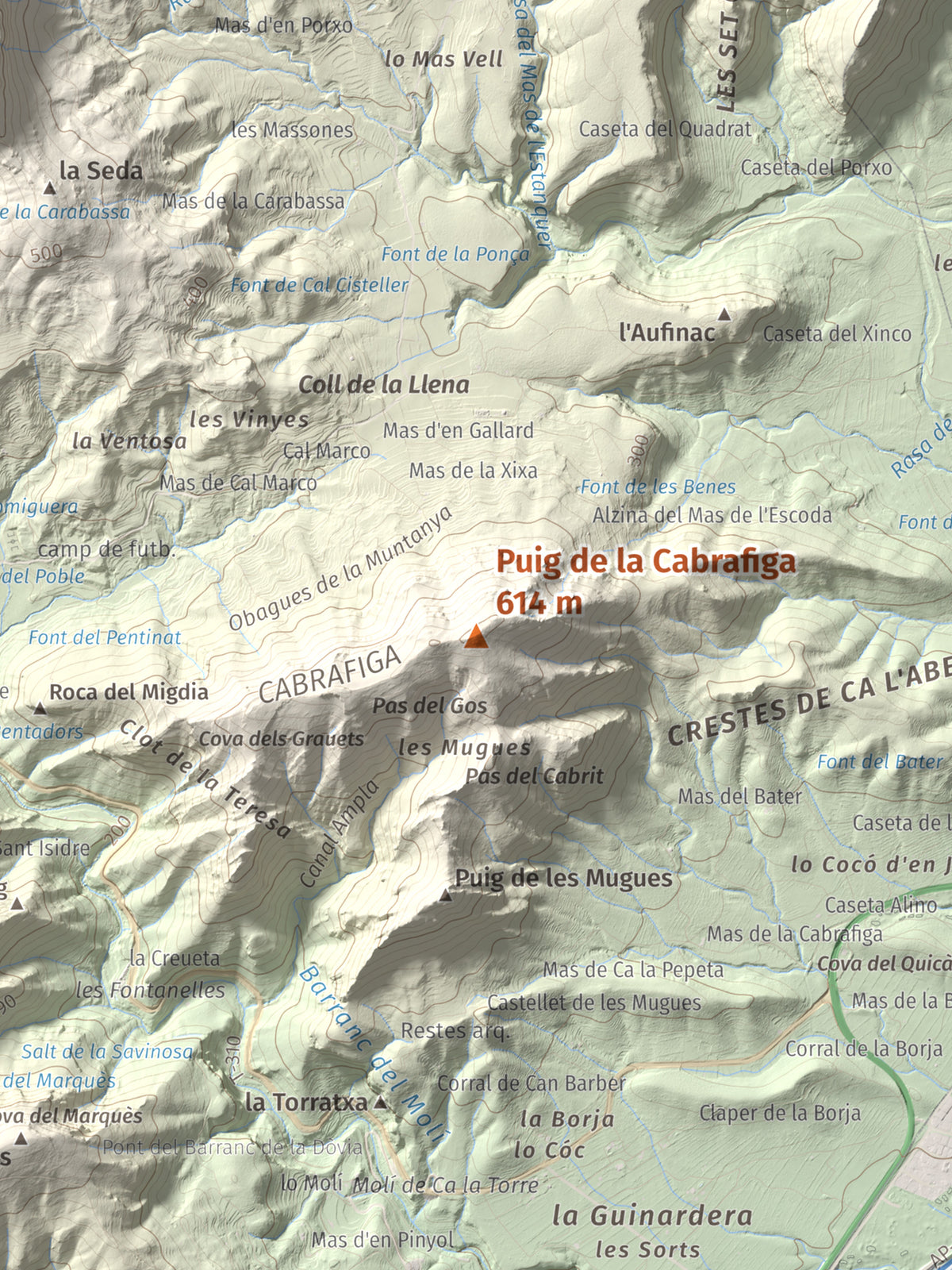 Mapa de relieve de Puig de la Cabrafiga, 614 m, Baix Camp, lámina 100 Cims de Trobart. Detalle de la zona central. 30 × 40 cm.