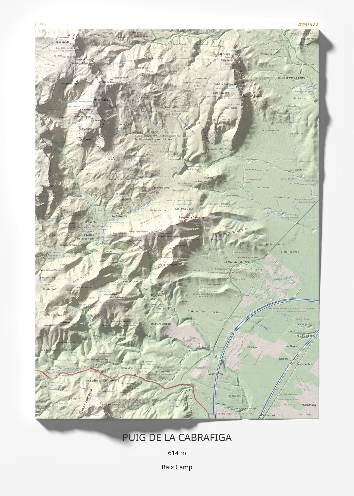 Mapa de relieve de Puig de la Cabrafiga, 614 m, Baix Camp, lámina 100 Cims de Trobart 50 × 70 cm.