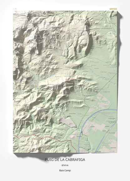 Mapa de relieve de Puig de la Cabrafiga, 614 m, Baix Camp, lámina 100 Cims de Trobart 50 × 70 cm.