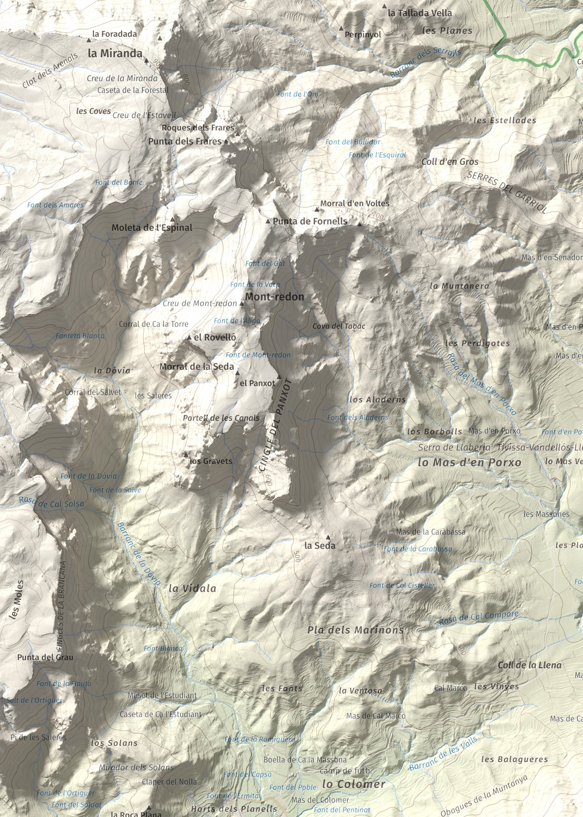Mapa de relieve de Puig de la Cabrafiga, 614 m, Baix Camp, lámina 100 Cims de Trobart. Detalle de la zona superior izquierda. 50 × 70 cm.