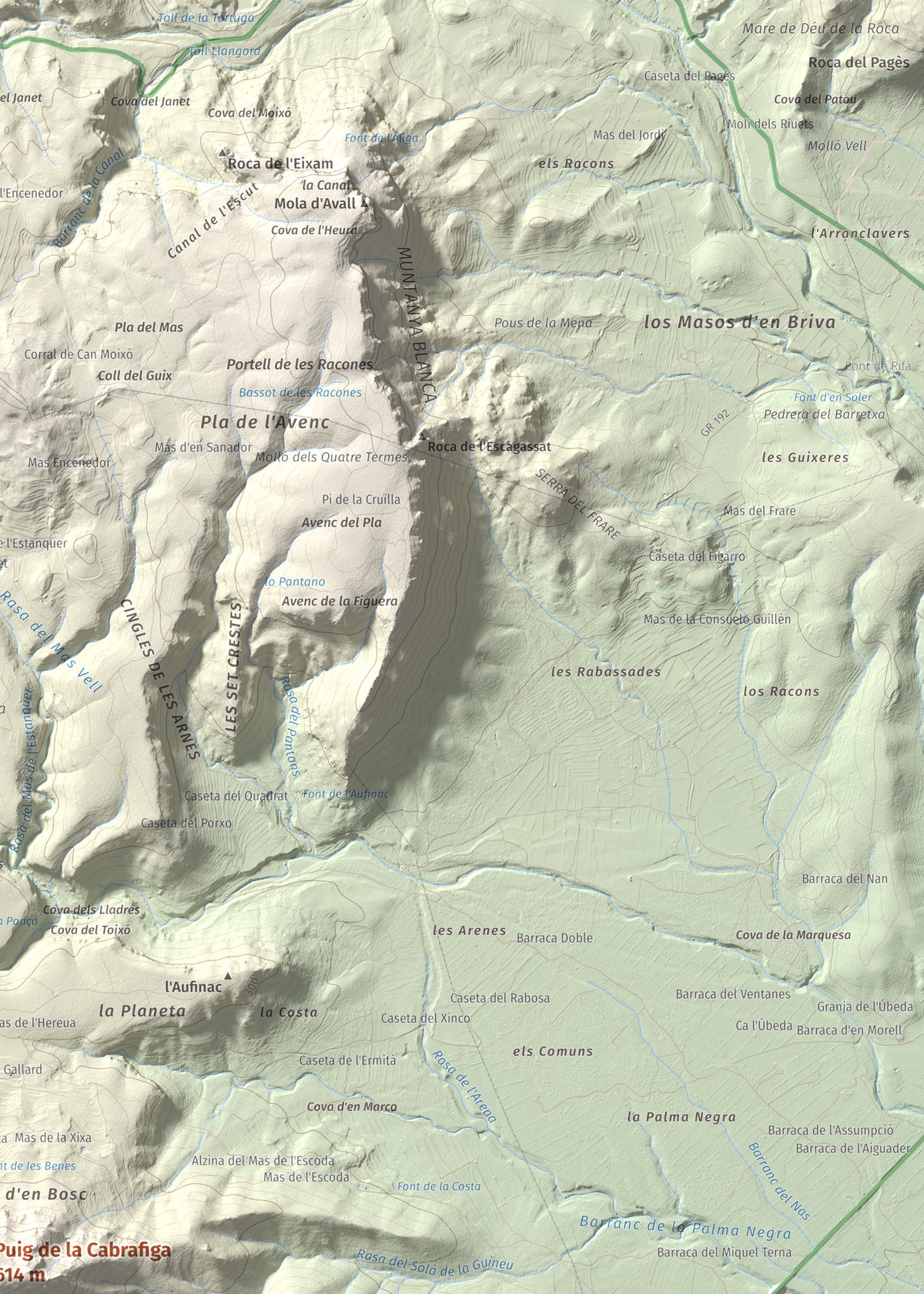 Mapa de relieve de Puig de la Cabrafiga, 614 m, Baix Camp, lámina 100 Cims de Trobart. Detalle de la zona superior derecha. 50 × 70 cm.
