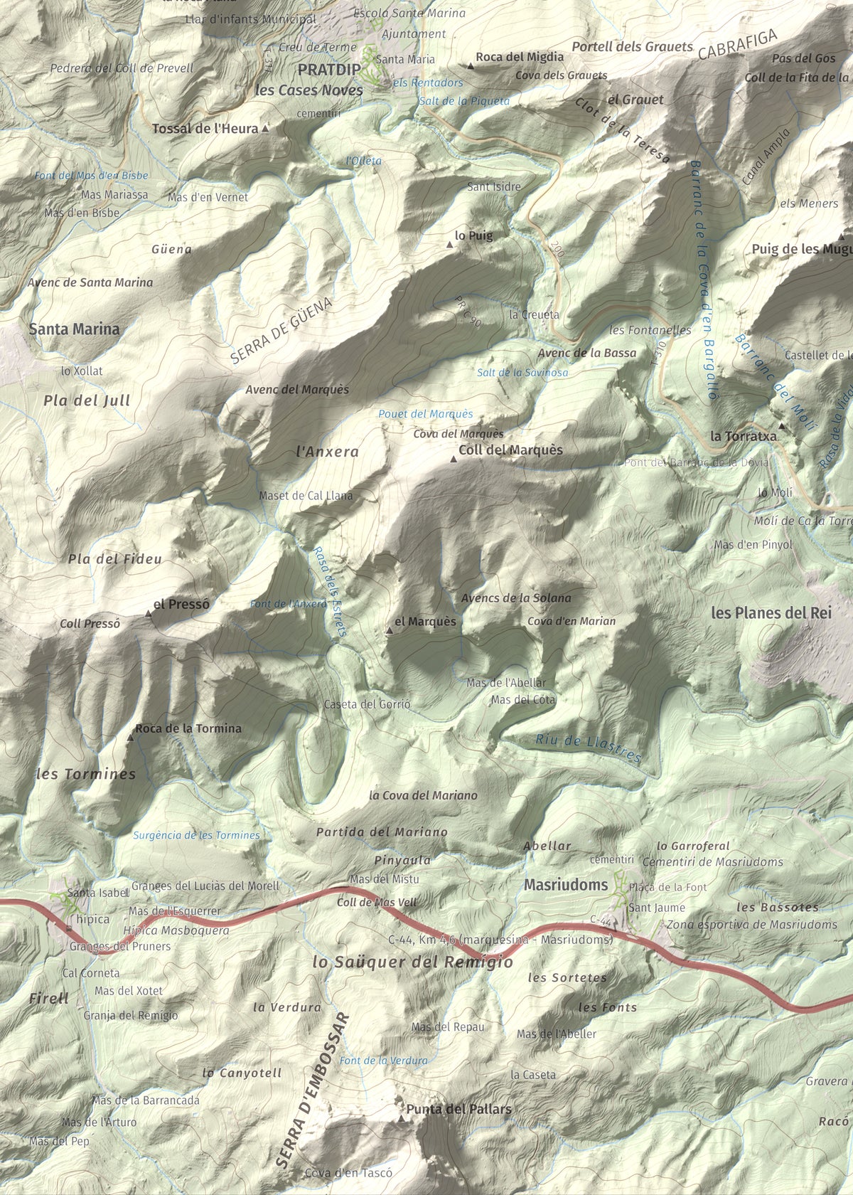 Mapa de relieve de Puig de la Cabrafiga, 614 m, Baix Camp, lámina 100 Cims de Trobart. Detalle de la zona inferior izquierda. 50 × 70 cm.