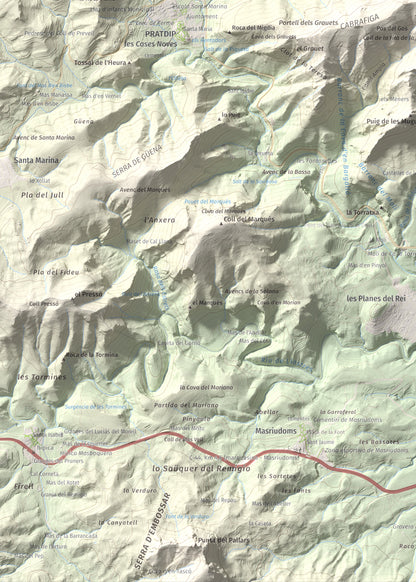 Mapa de relieve de Puig de la Cabrafiga, 614 m, Baix Camp, lámina 100 Cims de Trobart. Detalle de la zona inferior izquierda. 50 × 70 cm.
